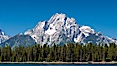 Mount Moran in the Teton Range rises above Jackson Lake, summer. Jackson Lake, Grand Teton National Park, Wyoming, USA. Image #07768