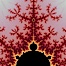 Detail within the Mandelbrot set fractal.  This detail is found by zooming in on the overall Mandelbrot set image, finding edges and buds with interesting features.  Fractals are complex geometric shapes that exhibit repeating patterns typified by <i>self-similarity</i>, or the tendency for the details of a shape to appear similar to the shape itself.  Often these shapes resemble patterns occurring naturally in the physical world, such as spiraling leaves, seemingly random coastlines, erosion and liquid waves.  Fractals are generated through surprisingly simple underlying mathematical expressions, producing subtle and surprising patterns.  The basic iterative expression for the Mandelbrot set is z = z-squared + c, operating in the complex (real, imaginary) number set. Image #10383