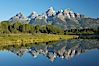 The Teton Range is reflected in the glassy waters of the Snake River at Schwabacher Landing. Schwabacher Landing, Grand Teton National Park, Wyoming, USA. Image #12982