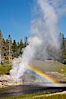A rainbow appears in the spray of Riverside Geyser as it erupts over the Firehole River.  Riverside is a very predictable geyser.  Its eruptions last 30 minutes, reach heights of 75 feet and are usually spaced about 6 hours apart.  Upper Geyser Basin. Upper Geyser Basin, Yellowstone National Park, Wyoming, USA. Image #13367