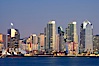 San Diego city skyline at dusk, viewed from Harbor Island, the Star of India at left. San Diego, California, USA. Image #14527