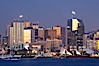 San Diego city skyline at dusk, viewed from Harbor Island, the Star of India at right. San Diego, California, USA. Image #14533