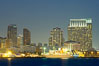 San Diego city skyline and cruise ship terminal at dusk, viewed from Harbor Island. California, USA. Image #14534