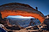 Mesa Arch, Utah.  An hiker watches the dawning sun from atop Mesa Arch. Island in the Sky, Canyonlands National Park, Utah, USA. Image #18038