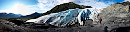 Self portrait, panorama of Exit Glacier.  Exit Glacier, one of 35 glaciers that are spawned by the enormous Harding Icefield, is the only one that can be easily reached on foot. Exit Glacier, Kenai Fjords National Park, Alaska, USA. Image #19112