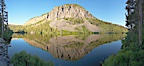 Panorama of cliffs rising about Twin Lakes at sunrise, Mammoth Lakes. Mammoth Lakes, California, USA. Image #19127