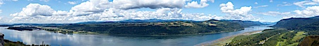 Panoramic view of the Columbia River as it flows through Columbia River Gorge Scenic Area, looking east from the Vista House overlook on the southern Oregon side of the river. Columbia River, Columbia River Gorge National Scenic Area, Oregon, USA. Image #19374