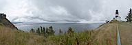 The Cape Disappointment lighthouse has watched over the entrance of the Columbia River since it was first lit on October 15, 1856. It stands 53 feet tall with a focal plane 220 feet above sea. Its black horizontal stripe was added later to distinguish it from North Head Lighthouse located just two miles north. Columbia River, Cape Disappointment, Washington, USA. Image #19389