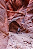 Suspended log in Buckskin Gulch.  A hiker considers a heavy log stuck between the narrow walls of Buckskin Gulch, placed there by a flash flood some time in the past.  Buckskin Gulch is the world's longest accessible slot canyon, forged by centuries of erosion through sandstone.  Flash flooding is a serious danger in the narrows where there is no escape. Buckskin Gulch, Paria Canyon-Vermilion Cliffs Wilderness, Arizona, USA. Image #20717