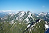 Mariner Mountain, viewed from the northwest, on the west coast of Vancouver Island, British Columbia, Canada, part of Strathcona Provincial Park, located 36 km (22 mi) north of Tofino.  It is 1,771 m (5,810 ft) high, snow covered year-round and home to several glaciers. Mariner Mountain, Strathcona Provincial Park, British Columbia, Canada. Image #21071