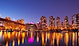 Yaletown section of Vancouver at night, including Granville Island bridge (left), viewed from Granville Island. Granville Island, Vancouver, British Columbia, Canada. Image #21168