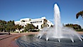 The Bea Evenson Fountain is the centerpiece of the Plaza de Balboa in Balboa Park, San Diego.  The San Diego Natural History Museum is seen in the background. Balboa Park, San Diego, California, USA. Image #22177