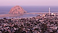 Morro Rock and Morro Bay, in pink pre-sunrise light. Morro Bay, California, USA. Image #22212
