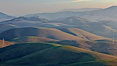 Hills between Morro Bay and Atascadero, early morning light, power transmission lines and signal attenae. Morro Bay, California, USA. Image #22221
