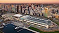 San Diego Convention Center, located in the Marina District of downtown San Diego.  Built in 1989, the San Diego Convention Center offers 525,700 square feet of exhibit space.  It is noted for its distinctive "sails" made of Teflon-coated fiberglass suspended over the central exhibition hall, aptly named Sails Pavilion. San Diego, California, USA. Image #22290