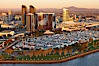Marriott Hotel towers, rising above the Embarcadero Marine Park and yacht marina. San Diego, California, USA. Image #22291
