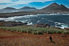Steeple Jason Island, striated caracara in the foreground, southwestern exposure, looking south pass the isthmus toward the southern half of the island.  Steeple Jason is one of the remote Jason Group of Islands in the West Falklands.  Uninhabited, the island is spectacular both for its rugged scenery and its enormous breeding colony of black-browed albatross.  Steeple Jason Island is now owned and administered by the Wildlife Conservation Society. Falkland Islands, United Kingdom. Image #24161