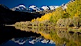 Sierra Nevada mountains and aspen trees, fall colors reflected in the still waters of North Lake. Bishop Creek Canyon Sierra Nevada Mountains, Bishop, California, USA. Image #26061
