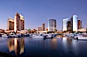 San Diego Marriott Hotel and Marina, and Manchester Grand Hyatt Hotel (left) viewed from the San Diego Embarcadero Marine Park. San Diego, California, USA. Image #26570