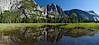Yosemite Falls reflected in flooded meadow.  The Merced  River floods its banks in spring, forming beautiful reflections of Yosemite Falls. Yosemite National Park, California, USA. Image #26887