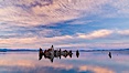 Mono Lake sunset, tufa and clouds reflected in the still waters of Mono Lake. Mono Lake, California, USA. Image #27005