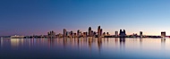 San Diego downtown city skyline and waterfront, sunrise, dawn, viewed from Coronado Island. San Diego, California, USA. Image #27088