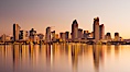 San Diego downtown city skyline and waterfront, sunrise, dawn, viewed from Coronado Island. San Diego, California, USA. Image #27091