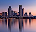 San Diego downtown city skyline and waterfront, sunrise, dawn, viewed from Coronado Island. San Diego, California, USA. Image #27093
