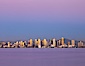 San Diego downtown city skyline and waterfront, sunset reflections and San Diego Bay. Earth-shadow (Belt of Venus) visible in the atmosphere. San Diego, California, USA. Image #27102