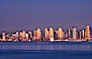 San Diego downtown city skyline and waterfront, sunset reflections and San Diego Bay. Earth-shadow (Belt of Venus) visible in the atmosphere. San Diego, California, USA. Image #27103
