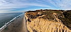 Torrey Pines balloon aerial survey photo.  Torrey Pines seacliffs, rising up to 300 feet above the ocean, stretch from Del Mar to La Jolla. On the mesa atop the bluffs are found Torrey pine trees, one of the rare species of pines in the world. Peregine falcons nest at the edge of the cliffs. This photo was made as part of an experimental balloon aerial photographic survey flight over Torrey Pines State Reserve, by permission of Torrey Pines State Reserve. Torrey Pines State Reserve, San Diego, California, USA. Image #27272
