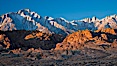 Alabama Hills and Sierra Nevada, Lone Pine Peak and Mount Whitney, sunrise. Alabama Hills Recreational Area, California, USA. Image #27630