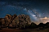 Live Oak and Milky Way, rocks and stars, Joshua Tree National Park at night. Joshua Tree National Park, California, USA. Image #28417