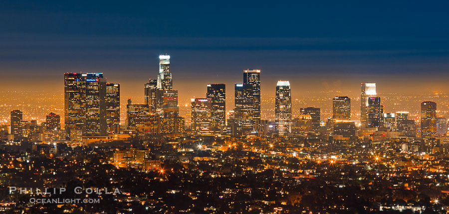 Downtown Los Angeles at night, street lights, buildings light up the night Downtown Los Angeles at night, street lights, buildings light up the night