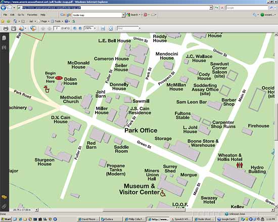 Map of Bodie State Historic Park, showing major buildings, etc., from AmericanSouthwest.net.