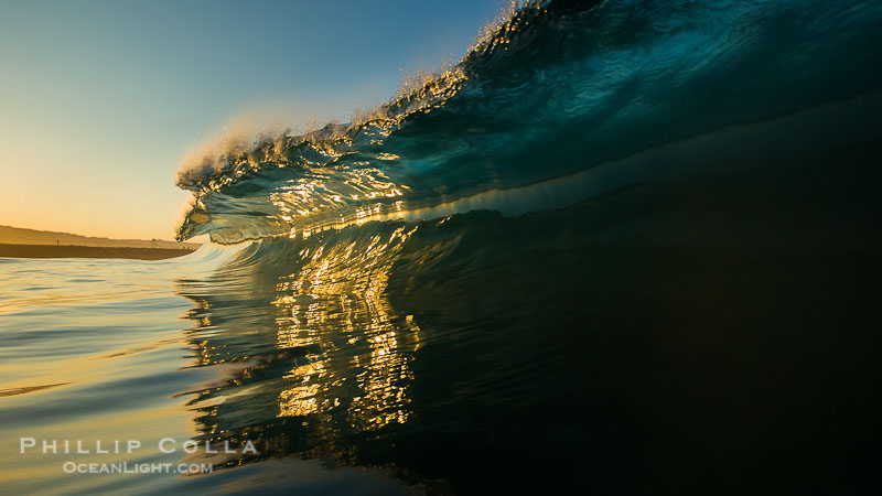 Newport Beach surf photo, morning tube, sunrise, glisteny wave