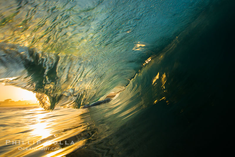Newport Beach surf photo, morning tube, sunrise, glisteny wave