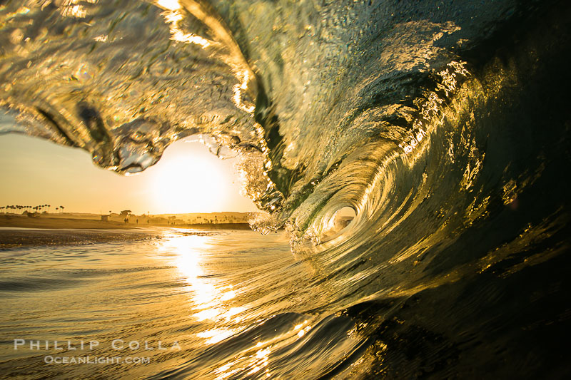 Newport Beach surf photo, morning tube, sunrise, glisteny wave