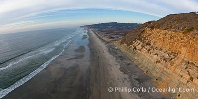 Torrey Pines balloon aerial survey photo.  Torrey Pines seacliffs, rising up to 300 feet above the ocean, stretch from Del Mar to La Jolla. On the mesa atop the bluffs are found Torrey pine trees, one of the rare species of pines in the world. Peregine falcons nest at the edge of the cliffs. This photo was made as part of an experimental balloon aerial photographic survey flight over Torrey Pines State Reserve, by permission of Torrey Pines State Reserve, San Diego, California