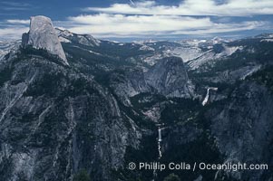 View from Glacier Point toward Little Yosemite Valley. The Merced River flows through Nevada Falls (right) and Vernal Falls (bottom), Yosemite National Park, California