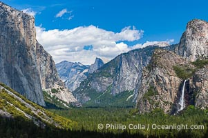 Gates of Yosemite Valley, viewed from Wawona Tunnel.  El Capitan (left), Bridalveil Falls and Cathedral Rocks (right), Half Dome (center) in the distance.  Yosemite National Park, Spring, Tunnel View