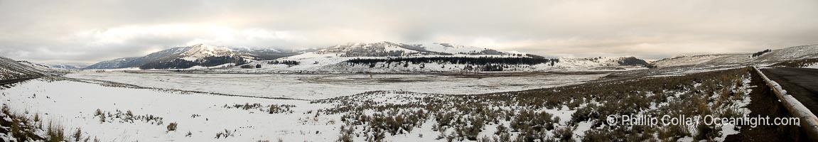 Lamar Valley in winter, panorama, a composite of seven individual images., Copyright Phillip Colla, image #22450, all rights reserved worldwide.