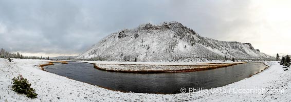 Madison River, snow-covered banks and cold winter air, panorama, composite of 7 individual photographs., Copyright Phillip Colla, image #22448, all rights reserved worldwide.