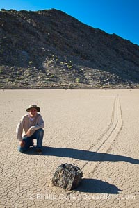 Sailing stone on the Death Valley Racetrack playa.  The sliding rocks, or sailing stones, move across the mud flats of the Racetrack Playa, leaving trails behind in the mud.  The explanation for their movement is not known with certainty, but many believe wind pushes the rocks over wet and perhaps icy mud in winter, Death Valley National Park, California