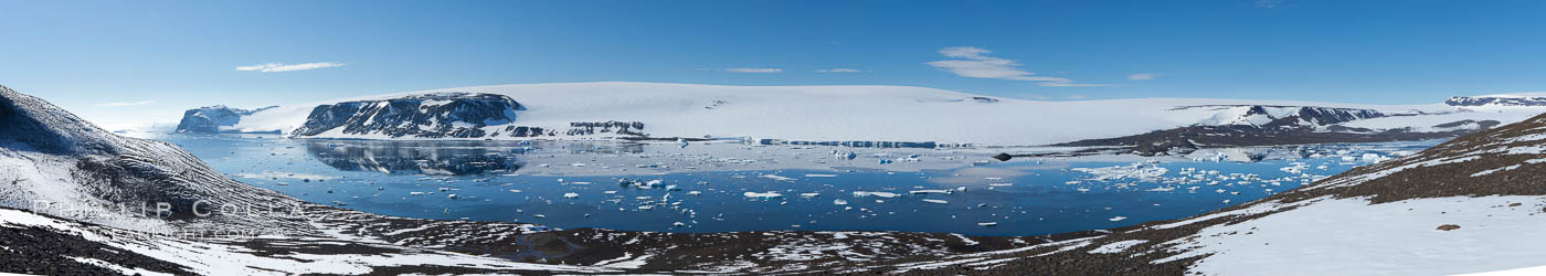 Adelie penguin colony, panoramic photograph. Devil Island, Antarctic Peninsula, Antarctica, natural history stock photograph, photo id 26312