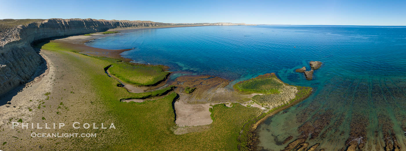 Aerial panorama of sea cliffs and Golfo Nuevo, near Puerto Piramides, Argentina. Chubut, Eubalaena australis, natural history stock photograph, photo id 38352