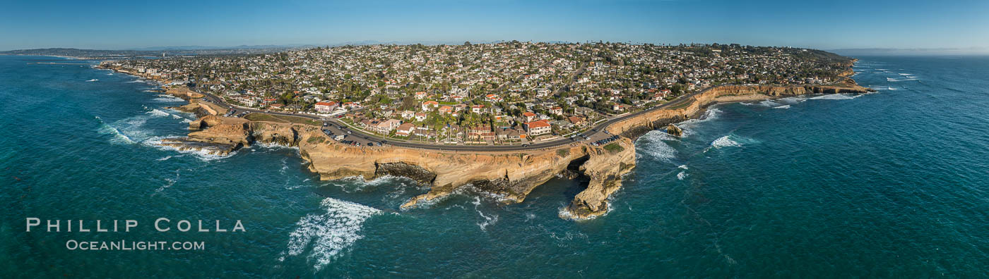 Aerial Panoramic Photo of Sunset Cliffs San Diego, Pappy's Point, Claiborne Cove. California, USA, natural history stock photograph, photo id 30790