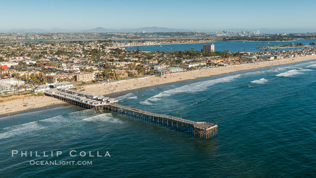 Aerial Photo of Crystal Pier, Pacific Beach. Crystal Pier, 872 feet long and built in 1925, extends out into the Pacific Ocean from the town of Pacific Beach., natural history stock photograph, photo id 30751