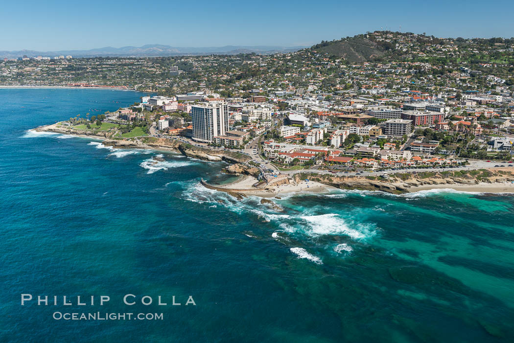 Aerial Photo of La Jolla coastline, showing underwater reefs and Mount Soledad. California, USA, natural history stock photograph, photo id 30678