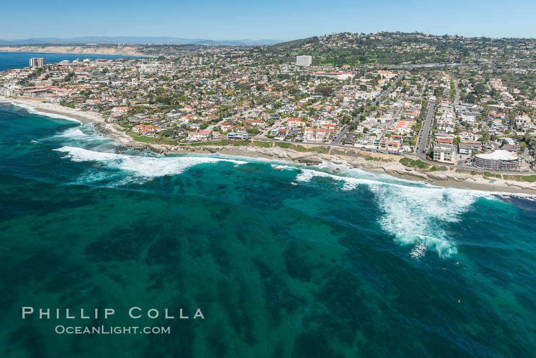 Aerial Photo of La Jolla coastline, showing underwater reefs and Mount Soledad. California, USA, natural history stock photograph, photo id 30682